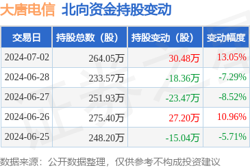 大唐電信(600198)北向資金7月2日增持30.48萬股，布局計算機軟硬件開發與銷售前景